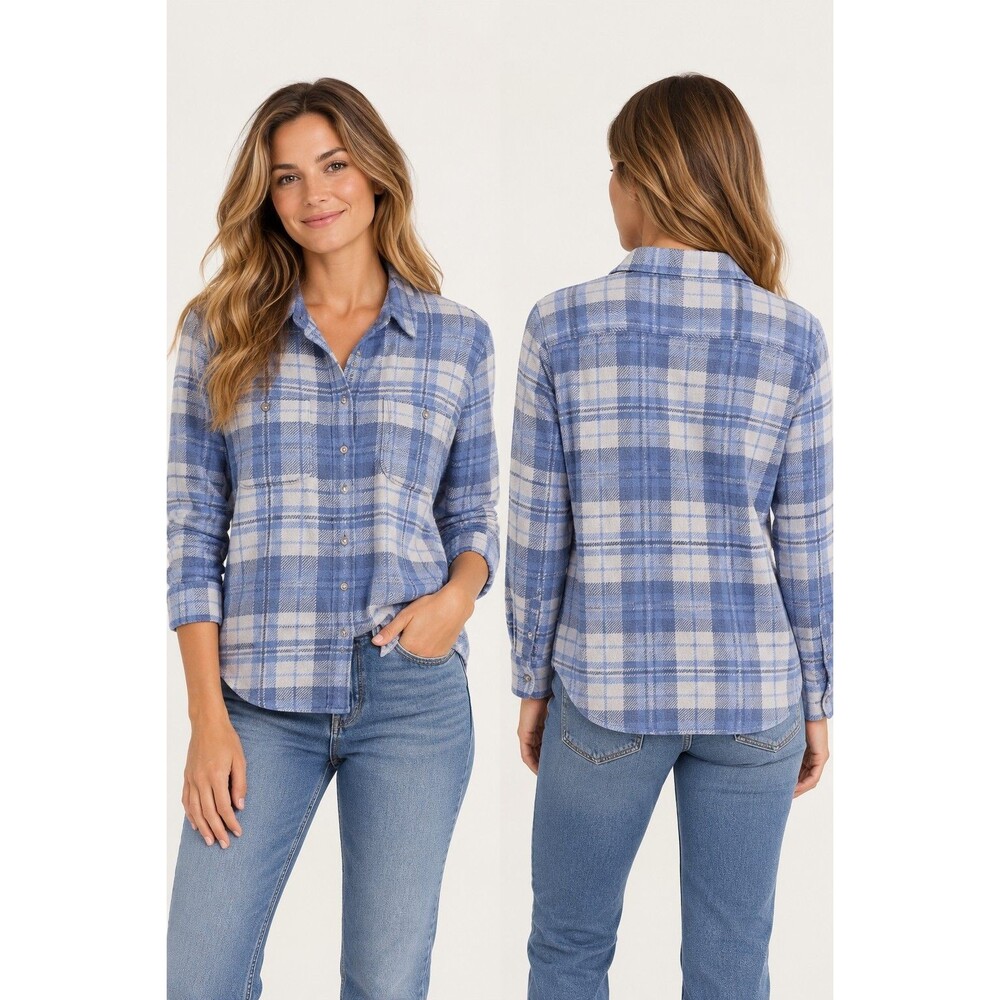 Faherty Legend Sweater Shirt Women’s L Blue Plaid Button Down Soft Knit WKS2328